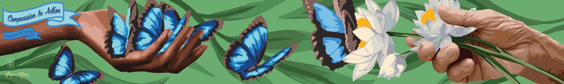 compassion in action mural with hands crossing flower with butterfly<br />
