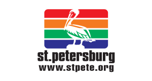 City of St. Petersburg Logo featuring a white pelican over stripes in red, orange, green, and blue. text states "st. petersburg" and their website www.stpete.org