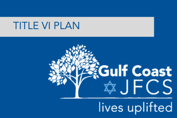 Blue background with text stating "Title VI Plan" and a logo of Gulf Coast JFCS