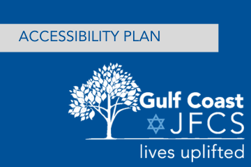 Blue background with text stating "Accessibility Plan" and a logo of Gulf Coast JFCS