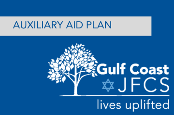Blue background with text stating "Auxiliary Aid Plan" and a logo of Gulf Coast JFCS