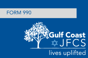 Blue background with text stating "Form 990" and a logo of Gulf Coast JFCS