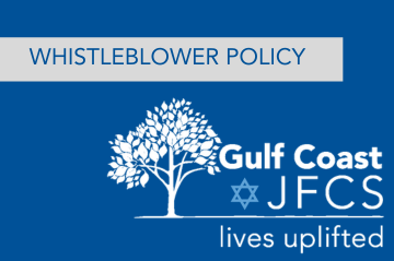 Blue background with text stating "Whistleblower" and a logo of Gulf Coast JFCS