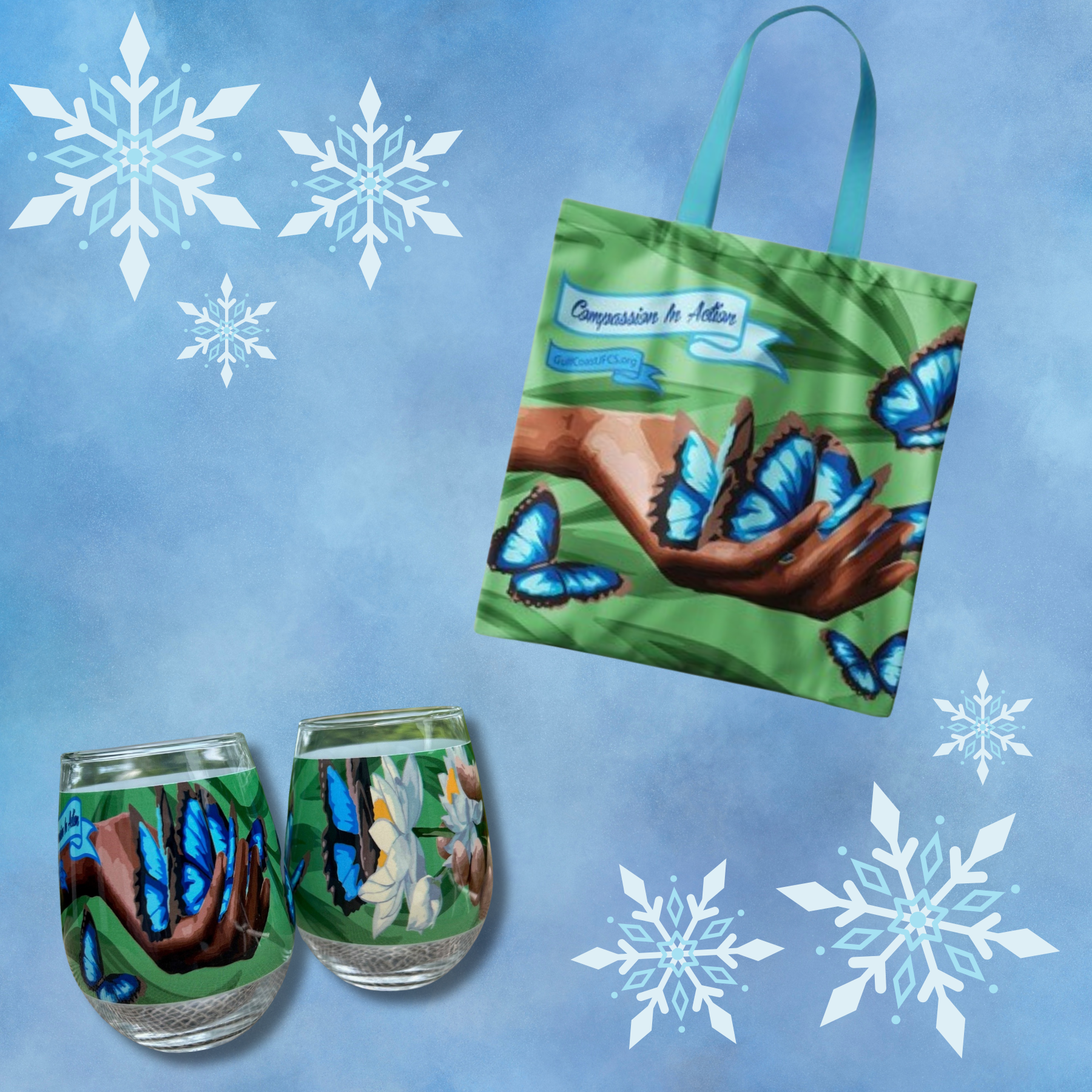 Designed tote and wine glasses on a blue background with three snowflakes in two corners.